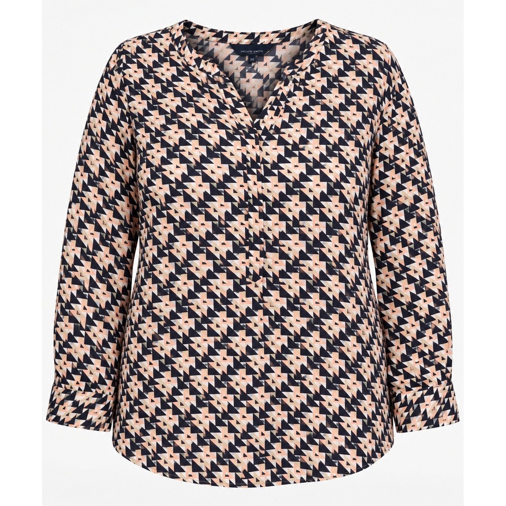 Talbots Woman 3X Blouse Geometric Triangle Print V-Neck Long Sleeve Navy Peach